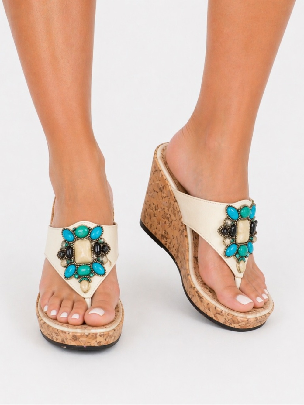 West Loop Womens 9/10 Cork Wedge Thong Sandals Rhinestone Embellished NWT
